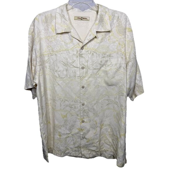 Tommy Bahama Men's Large Silk Beige Short Sleeve Button‎ Up Shirt Floral - Picture 1 of 9